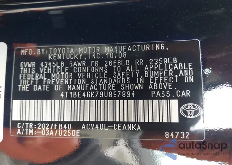 2009 Toyota Camry Le z USA, uszkodzony, nr VIN 4T1BE46K79U897894